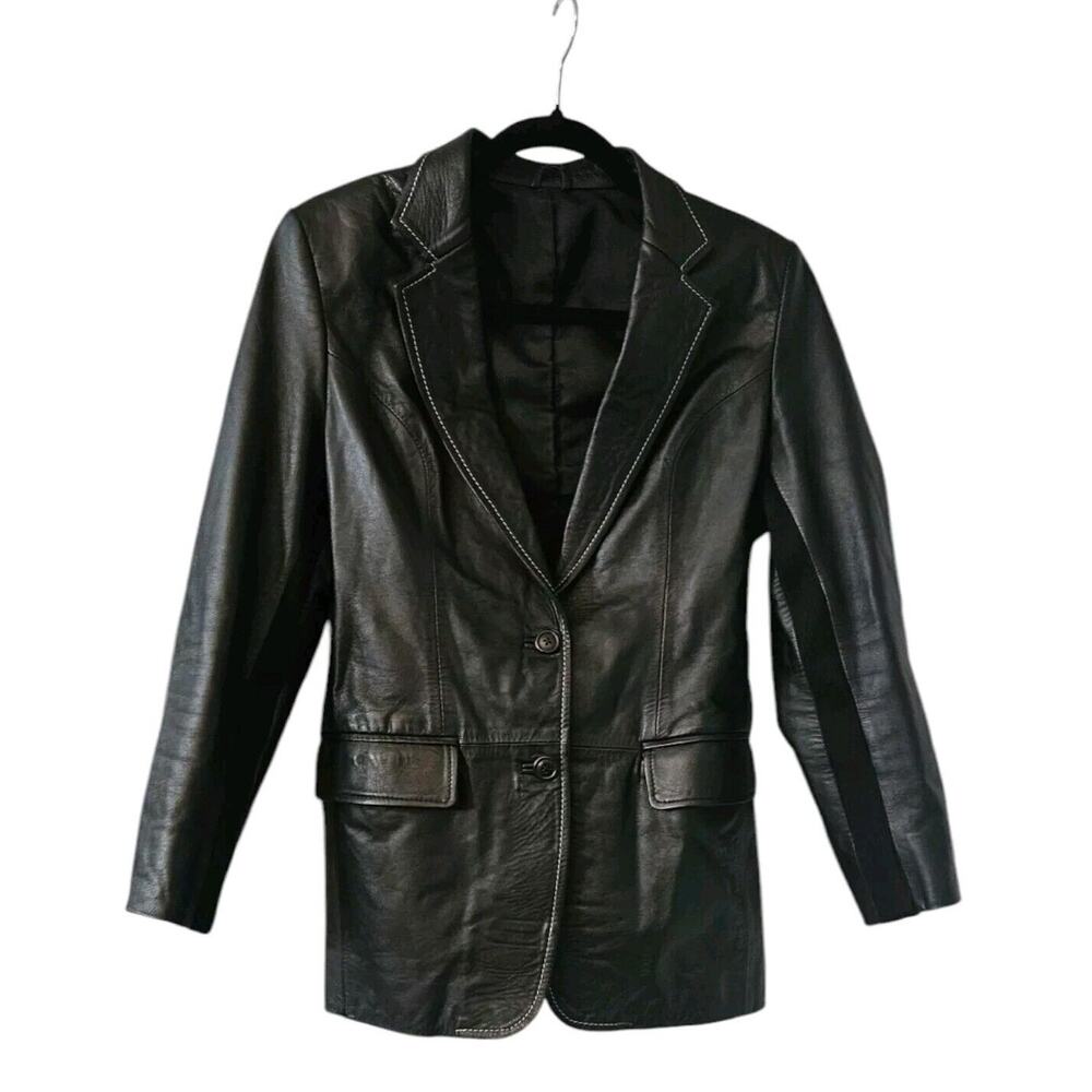 Womens Faux Leather Coat Black Ribbed White Stitching Inside Pockets NO TAGS